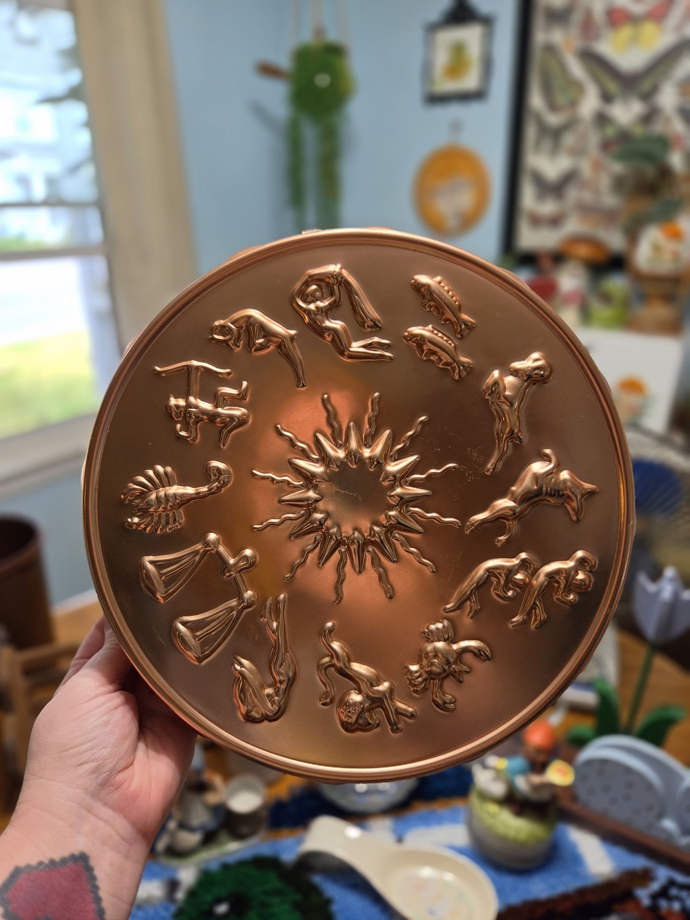 Vintage Copper Zodiac Wheel Jello Mold Wall Hanging Astrology Sun Decor